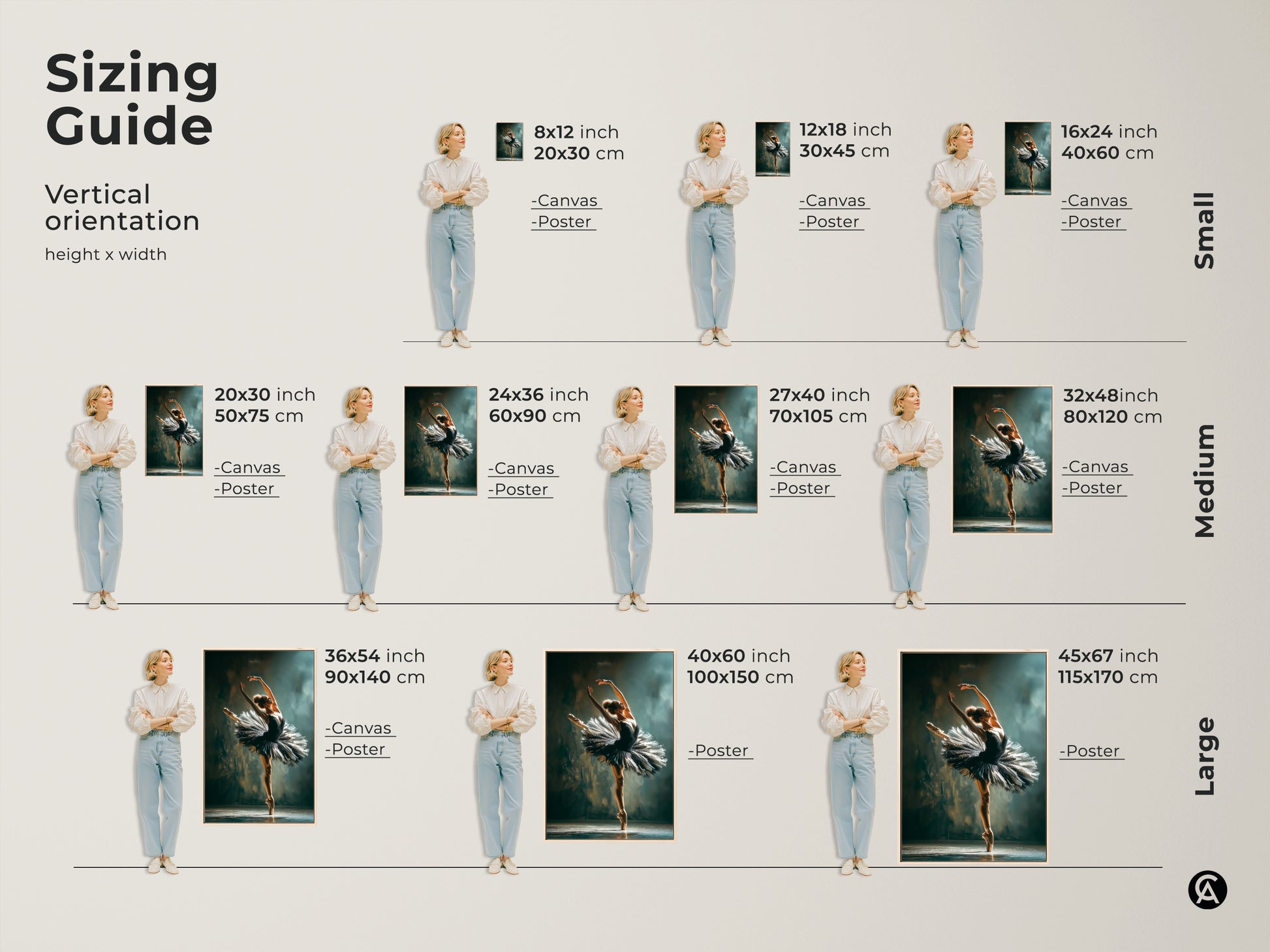 Ballerina art sizing guide. Visual guide shows canvas and poster sizes. Sizes range from small to large. Find the perfect size for your ballerina artwork. Enhance your space with this beautiful art.