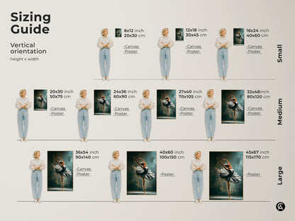 Ballerina art sizing guide. Visual guide shows canvas and poster sizes. Sizes range from small to large. Find the perfect size for your ballerina artwork. Enhance your space with this beautiful art.
