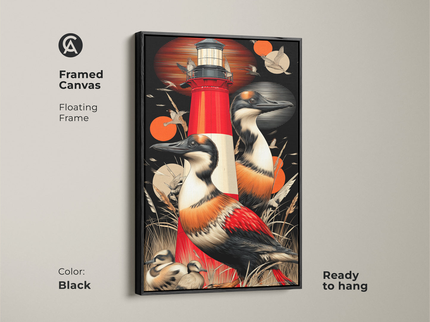 Framed canvas of coastal artwork with a bold red lighthouse and seabirds. The floating frame adds elegance to this nautical wildlife print. The retro red orange colors create a striking contrast. Ready to hang it is an excellent housewarming gift or coastal home accent. It is perfect for adding a touch of the ocean to any space