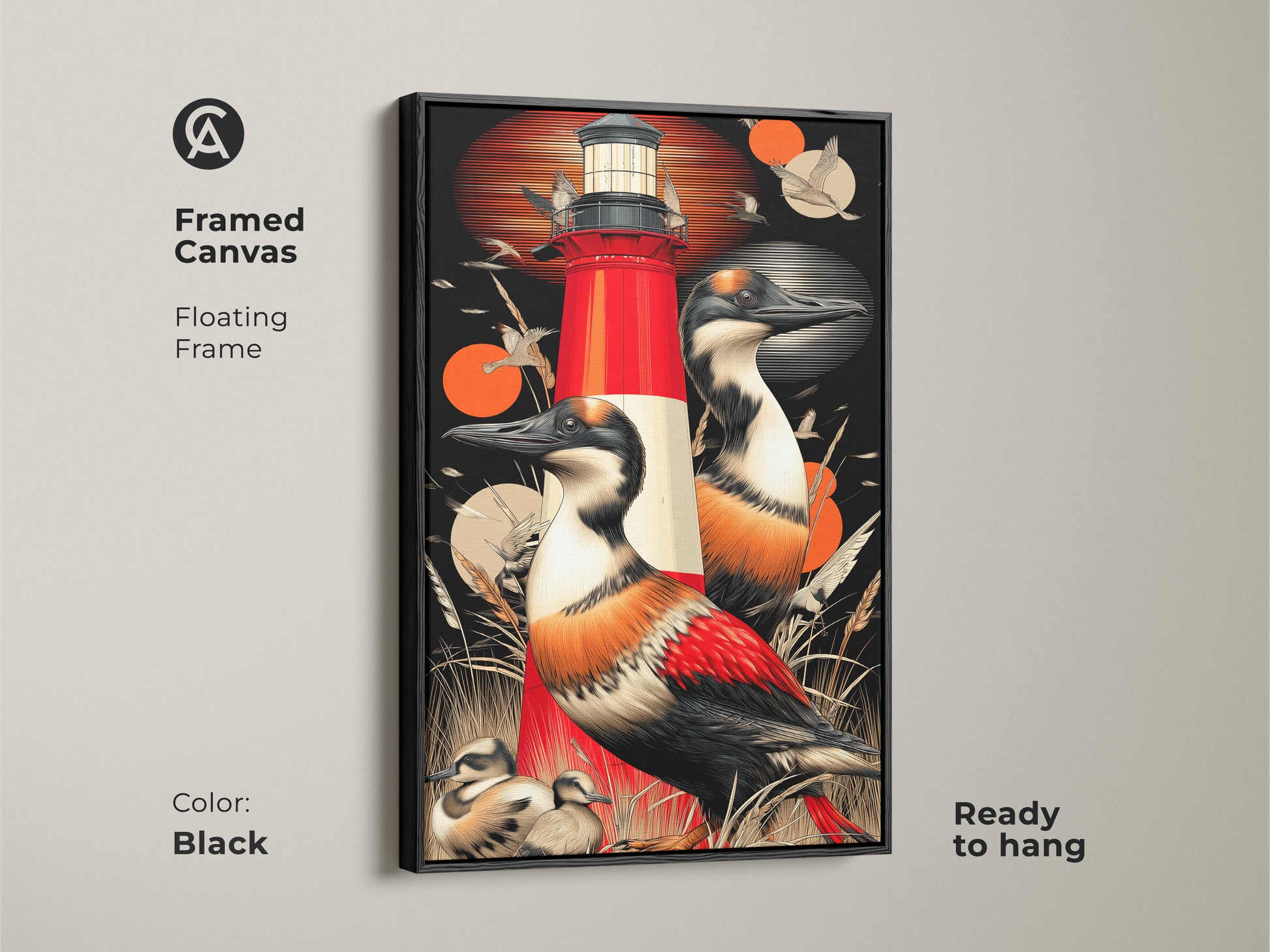 Framed canvas of coastal artwork with a bold red lighthouse and seabirds. The floating frame adds elegance to this nautical wildlife print. The retro red orange colors create a striking contrast. Ready to hang it is an excellent housewarming gift or coastal home accent. It is perfect for adding a touch of the ocean to any space