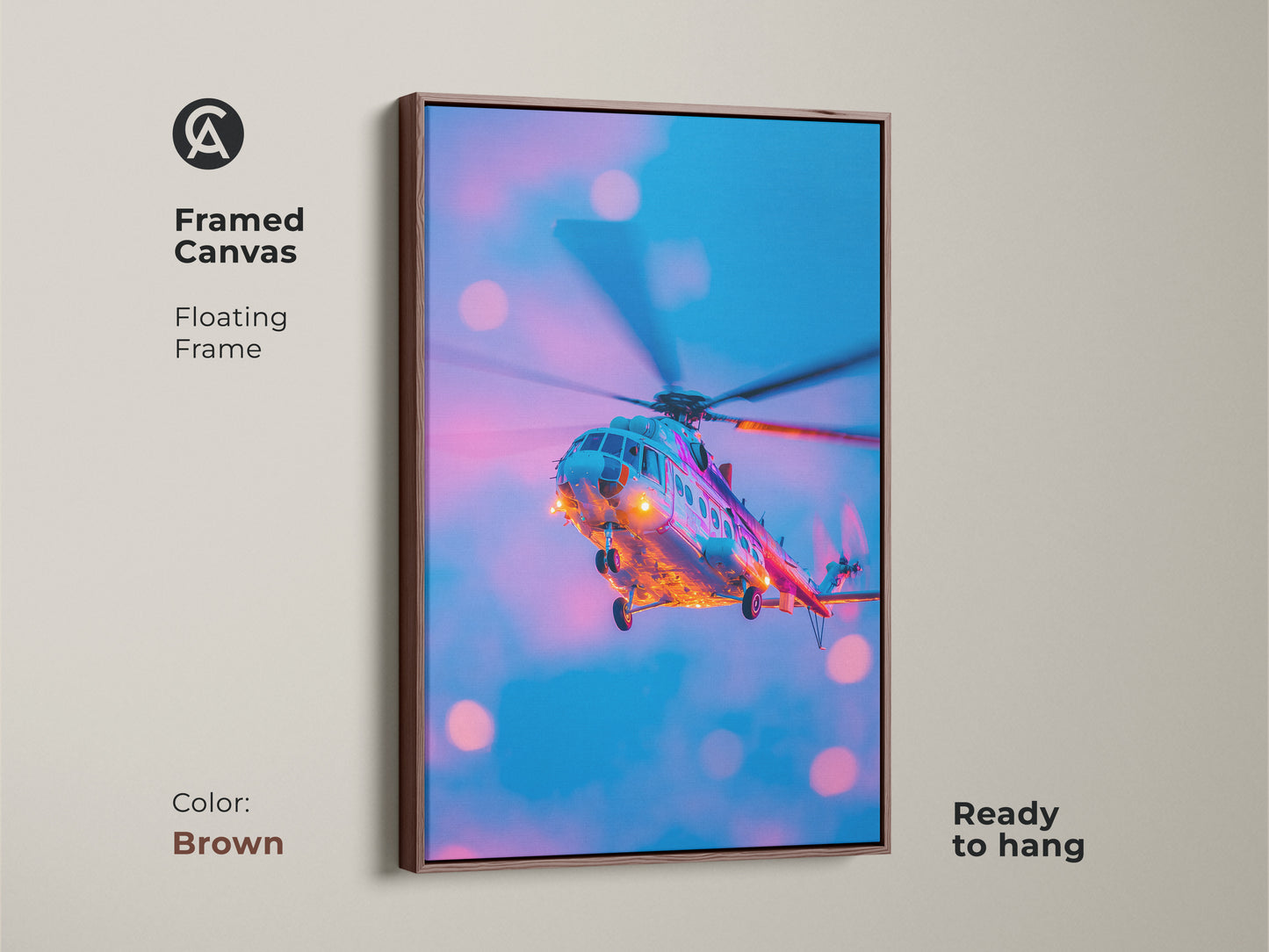 Brown framed canvas art featuring a helicopter. This ready-to-hang piece includes a floating frame. The helicopter artwork will add a touch of sophistication to your decor. Perfect for aviation enthusiasts. This framed canvas print is a great addition to any space.