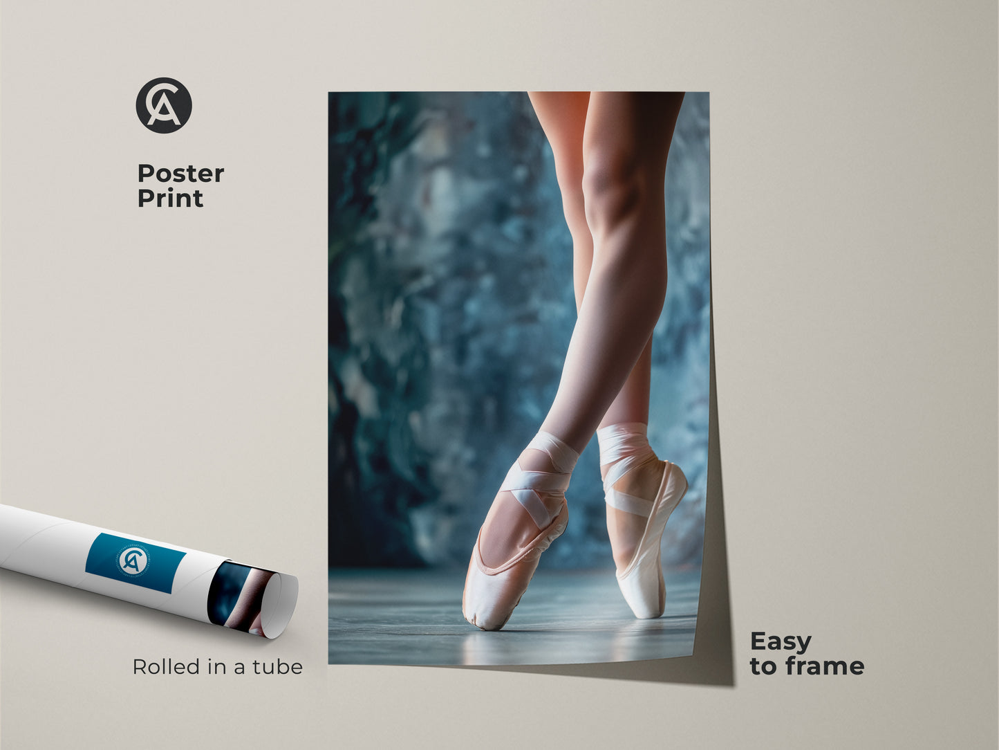 Poster print of ballet shoes rolled in a tube. This museum-quality paper poster is easy to frame. The vertical art captures the beauty of ballet. Perfect for dance enthusiasts and art collectors.