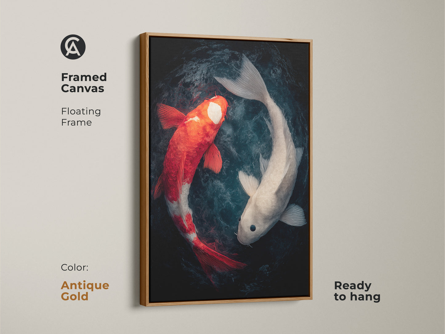 Framed canvas art featuring a pairing of koi fish. An antique gold floating frame provides an elegant touch. The red and white koi fish artwork is ready to hang and enjoy.