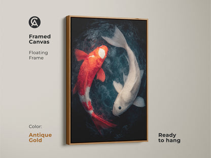 Framed canvas art featuring a pairing of koi fish. An antique gold floating frame provides an elegant touch. The red and white koi fish artwork is ready to hang and enjoy.