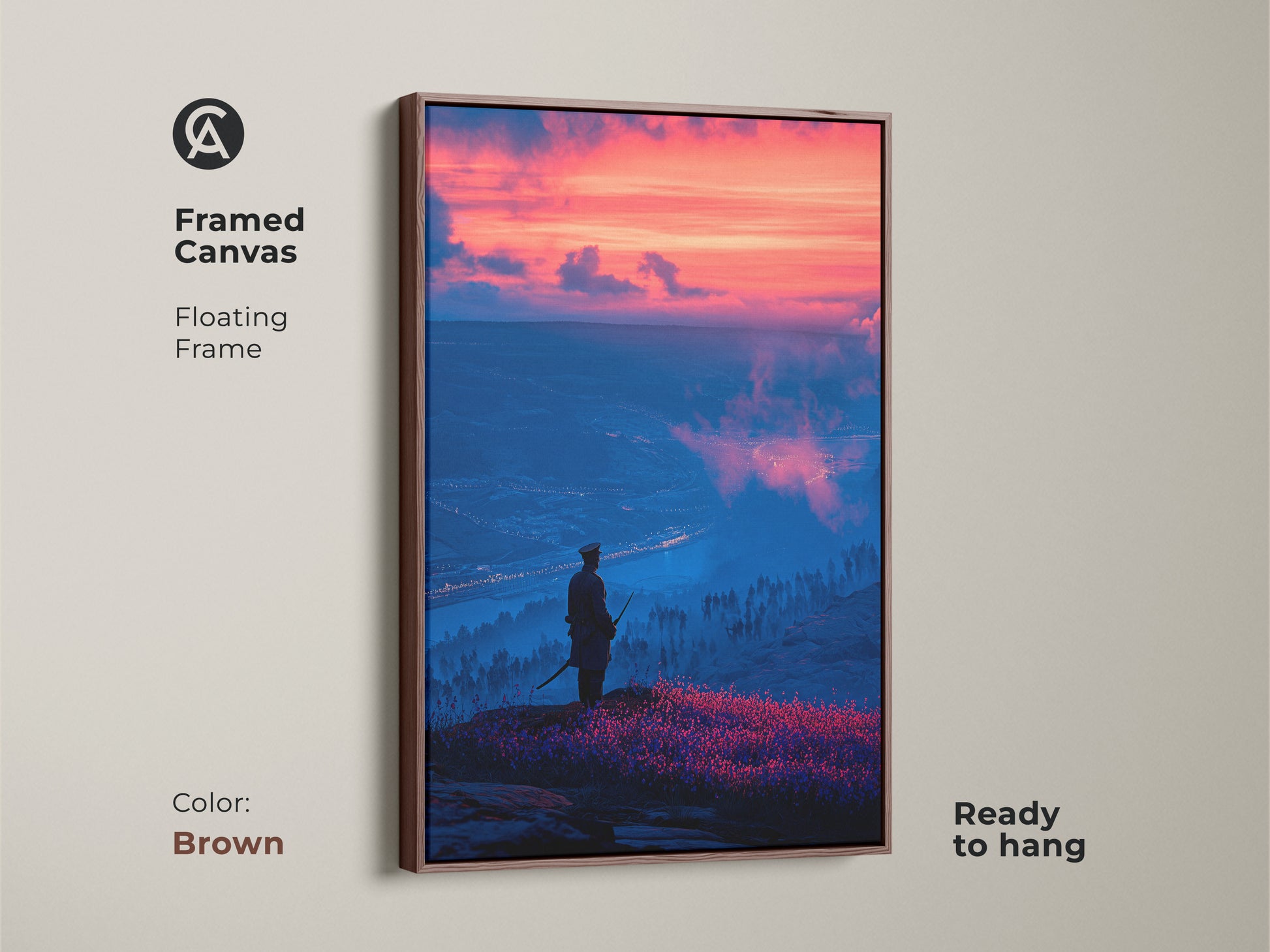 This framed canvas features a dramatic cityscape artwork with a lone samurai figure. The brown floating frame complements the vintage military poster feel. This history buff present is ready to hang as eclectic study art.