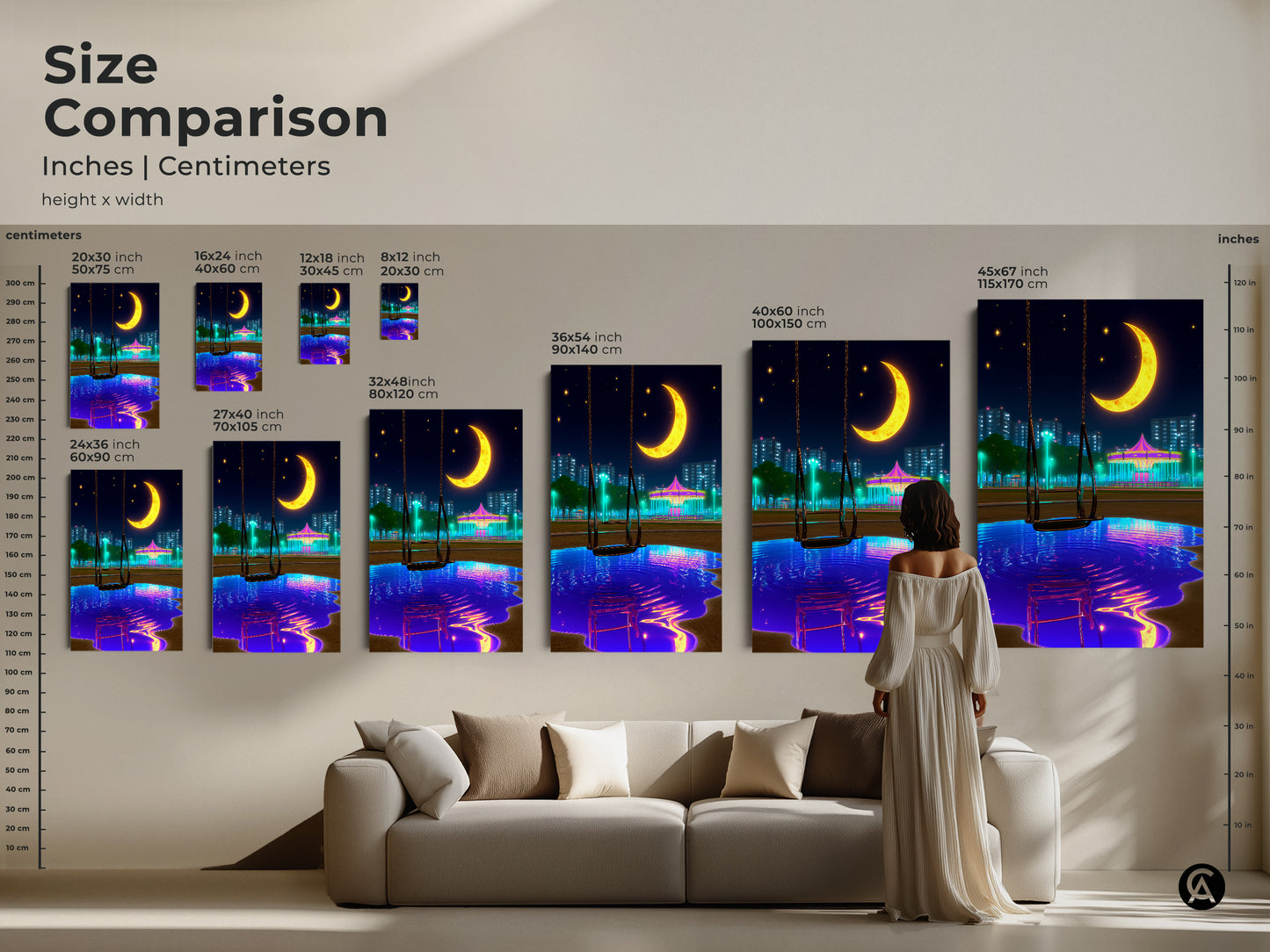 Size comparison of surreal art prints from 8x12 to 45x67 inches. This vaporwave carousel art fits perfectly above a sofa or in a bedroom. Ideal as eclectic wall decor the dreamy nightscape is a unique blue yellow anime fan gift perfect for modern homes.