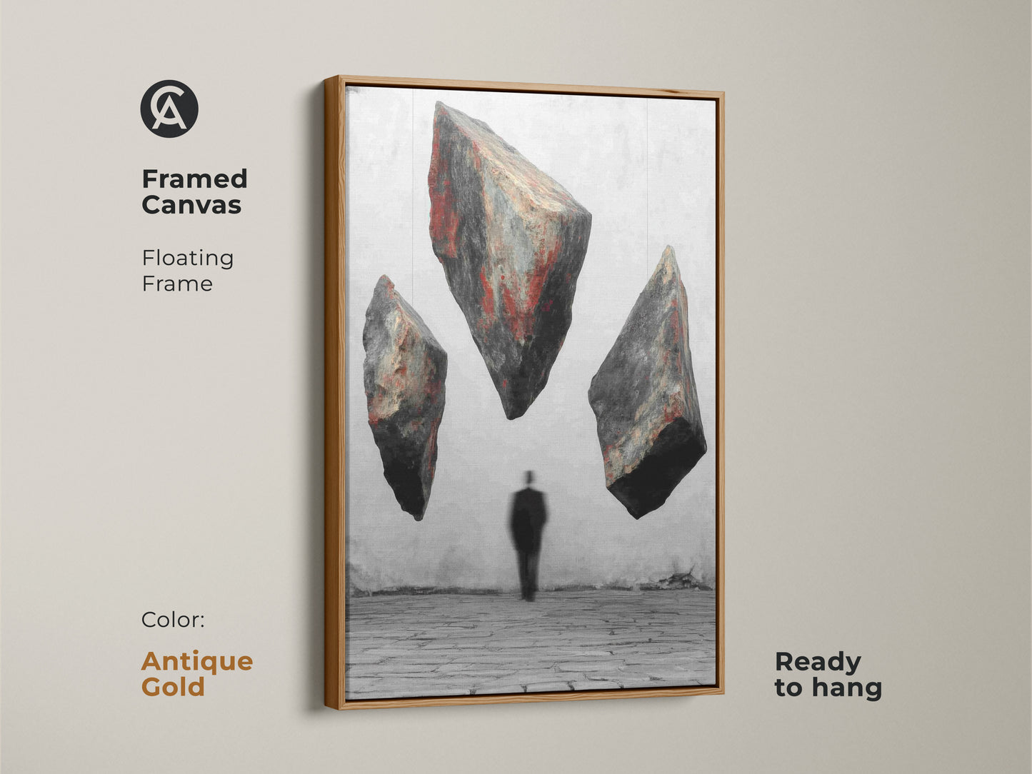 Antique gold framed canvas art depicts surreal floating rocks and a man silhouette. The red black gray abstract artwork and floating frame creates an artistic statement piece. Ready to hang as office wall decoration. A fine art print abstract suitable for modern study decor. This is a great gift for philosophical thinkers.