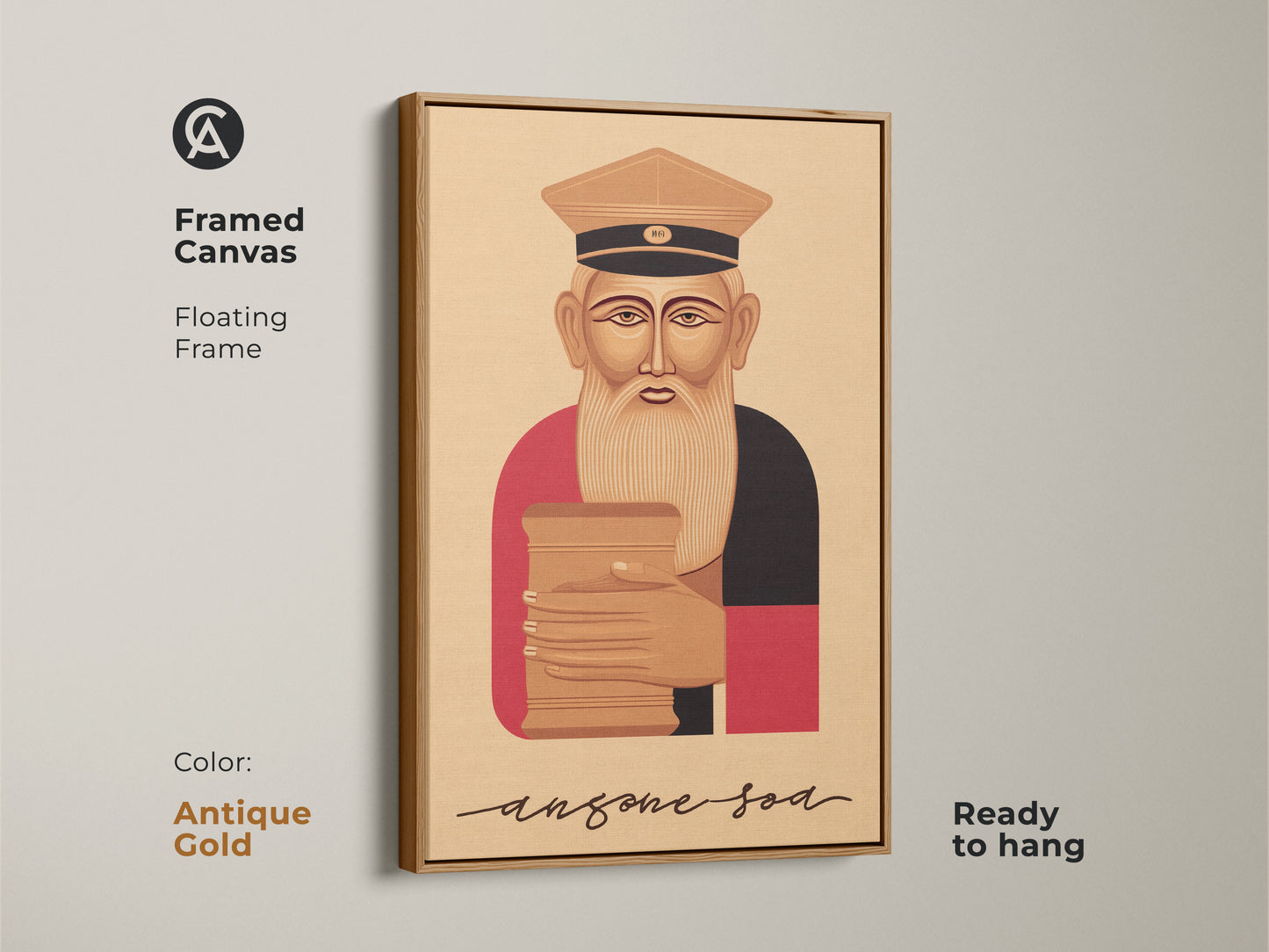 Framed canvas in antique gold presenting a retro Reading Man artwork. The floating frame accentuates this vintage man reading book canvas. This tan brown and red wall hanging adds a literary vibe to any room. A perfect gift for him or anyone who loves books.