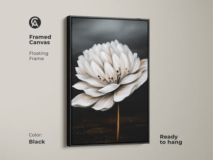 Framed canvas with a realistic white flower. Black floating frame enhances the minimalist botanical artwork. A contemporary print ideal for modern home decor and ready to hang.