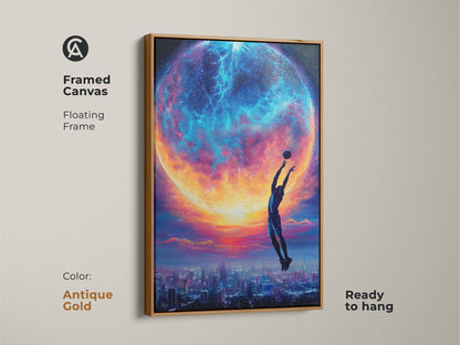 This framed canvas presents a surreal basketball art print. The floating frame with an antique gold finish adds elegance. The space planet canvas art brings a touch of fantasy. The artwork's vibrant colors create an inspiring ambiance. Ideal for sports fans or unique office decor.