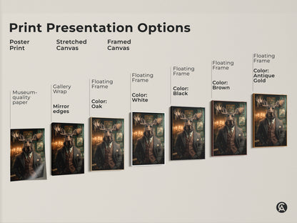 A print presentation option guide showing poster stretched and framed canvases of a steampunk moose. The Victorian gentleman offers eclectic office decor. Options include museum quality paper and various floating frame colors.