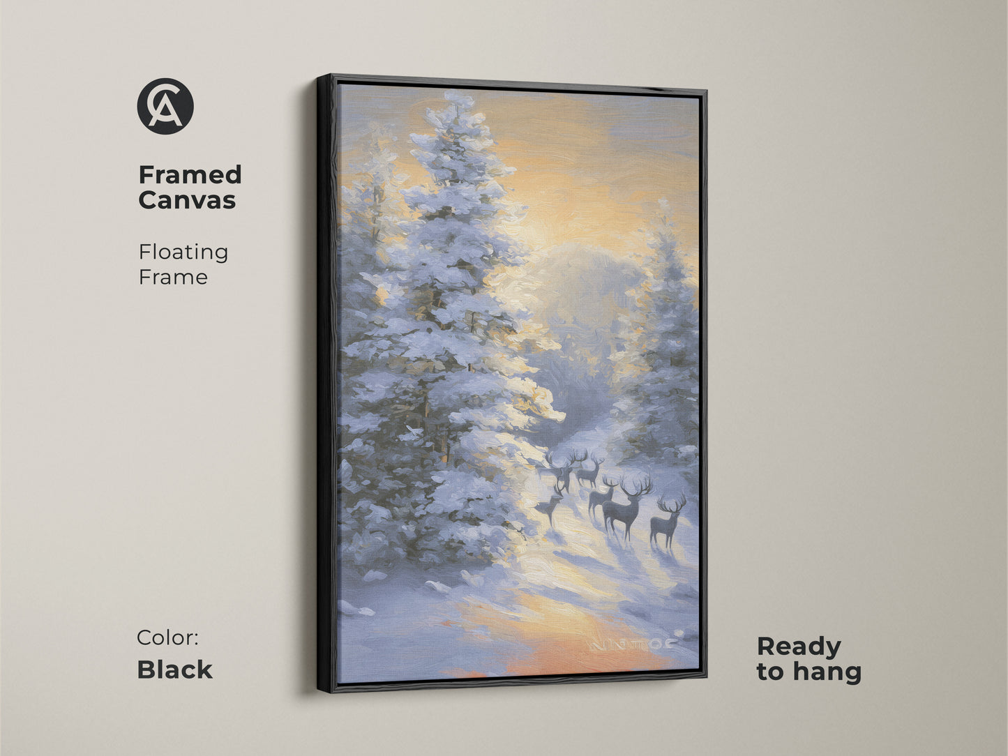 Framed canvas featuring deer in a snowy forest. The floating frame is black and ready to hang. This rustic winter wildlife wall art is an impressionistic landscape painting. It is perfect residential wall decor and is cozy cabin decor art