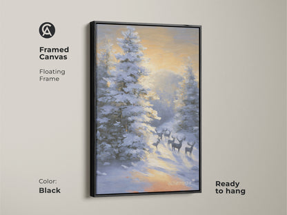 Framed canvas featuring deer in a snowy forest. The floating frame is black and ready to hang. This rustic winter wildlife wall art is an impressionistic landscape painting. It is perfect residential wall decor and is cozy cabin decor art