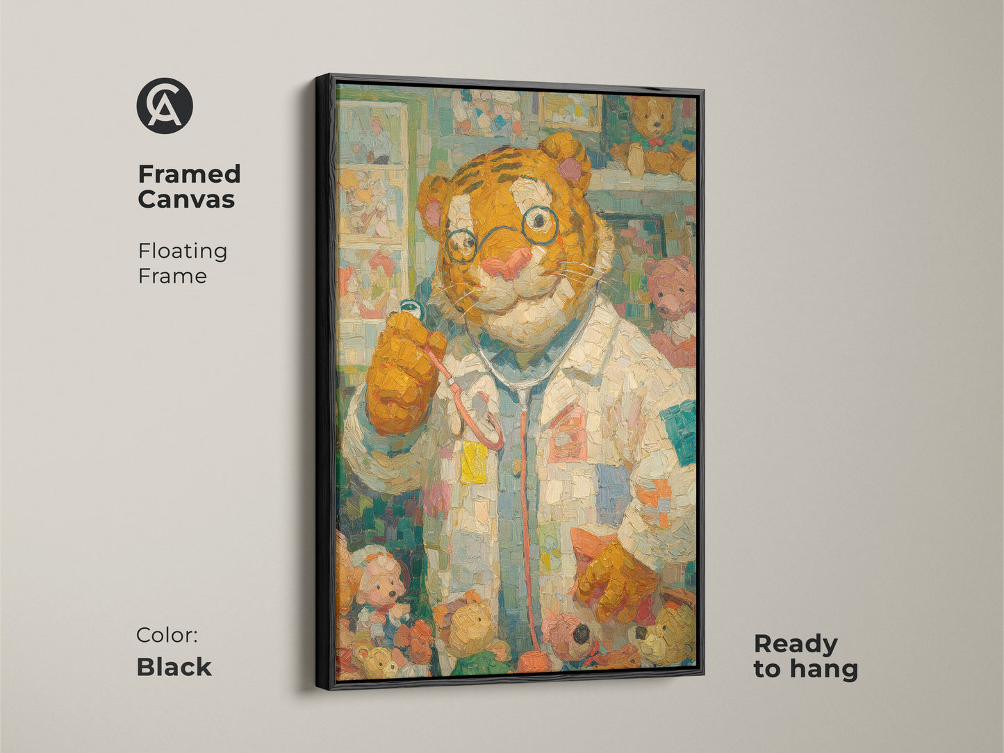 Framed canvas art featuring a tiger doctor and teddy bears in a floating black frame. This ready-to-hang animal art adds a touch of whimsy. Perfect for a child's room or nursery. Buy this unique piece now
