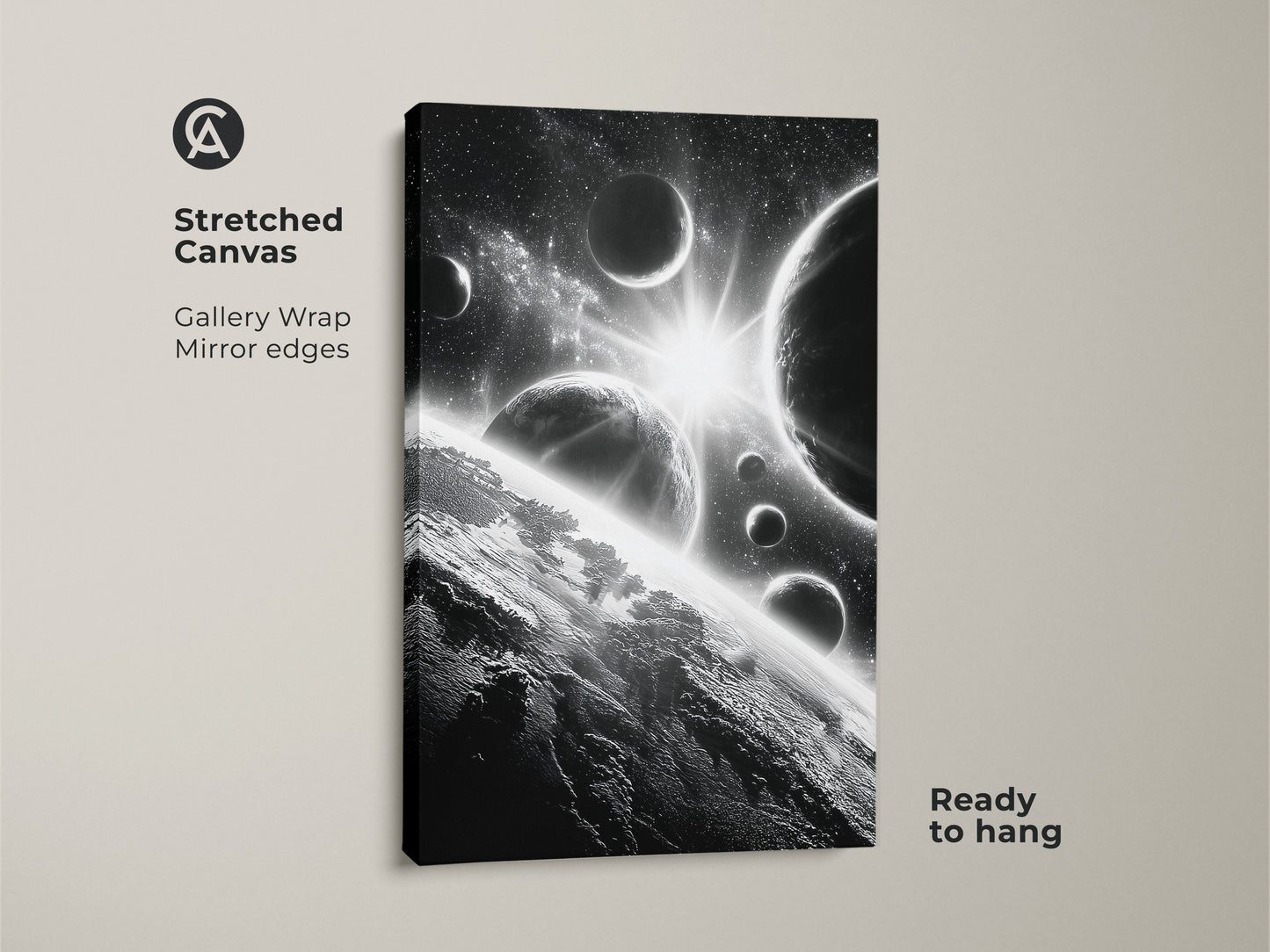 Stretched canvas print of space artwork. The black and white image showcases planets and stars. Ready to hang with gallery wrapped edges. Ideal for adding a modern touch to your living space. A unique piece for space lovers.