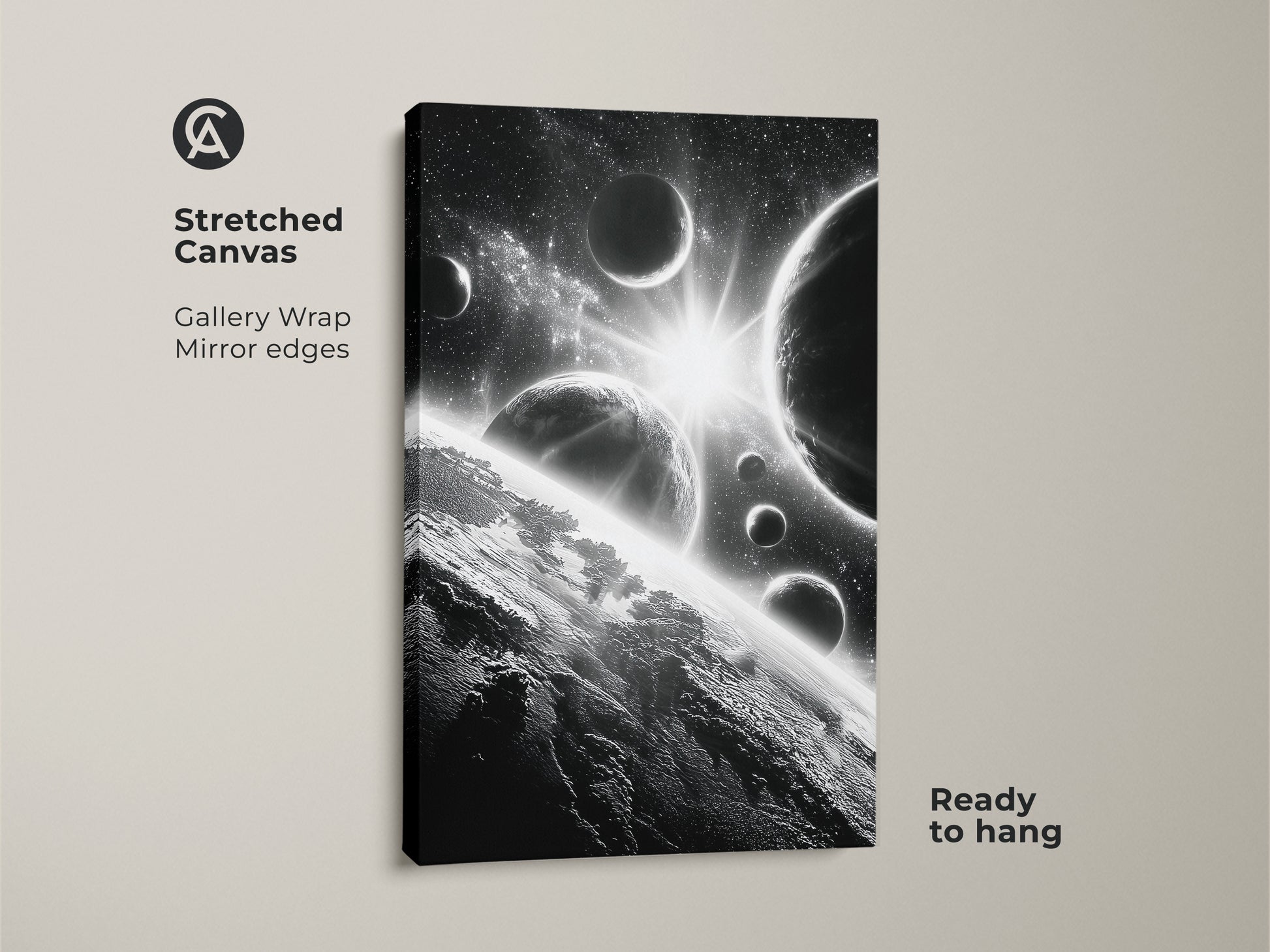Stretched canvas print of space artwork. The black and white image showcases planets and stars. Ready to hang with gallery wrapped edges. Ideal for adding a modern touch to your living space. A unique piece for space lovers.