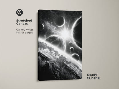 Stretched canvas print of space artwork. The black and white image showcases planets and stars. Ready to hang with gallery wrapped edges. Ideal for adding a modern touch to your living space. A unique piece for space lovers.