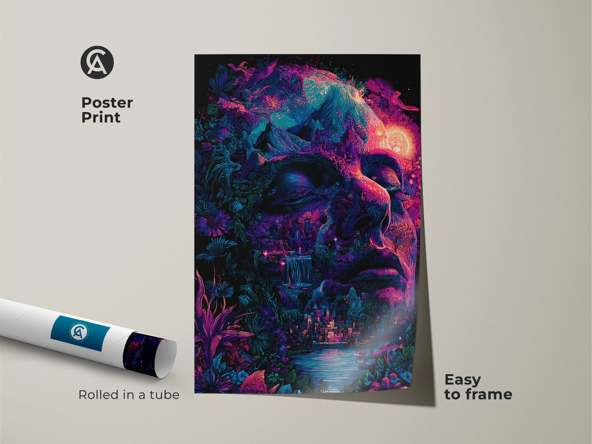 Poster print of psychedelic face art rolled in a tube. The vibrant colors and surreal elements make it a striking piece. Easy to frame and perfect for adding a pop of color to any room. Get this unique poster print for your home decor.