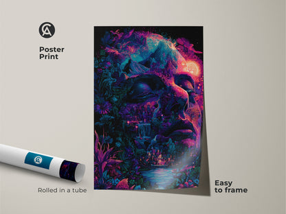 Poster print of psychedelic face art rolled in a tube. The vibrant colors and surreal elements make it a striking piece. Easy to frame and perfect for adding a pop of color to any room. Get this unique poster print for your home decor.