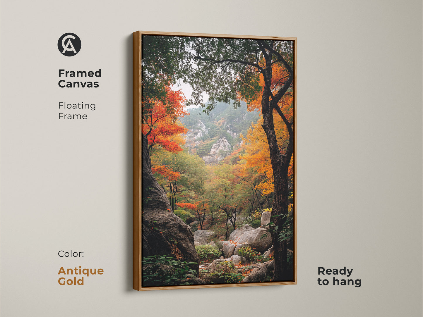 Antique gold framed canvas art of an autumn forest. The floating frame complements the vibrant colors. This ready-to-hang piece brings natural beauty to your walls. Landscape art featuring colorful trees and rocky terrain. Perfect for adding warmth to your space.