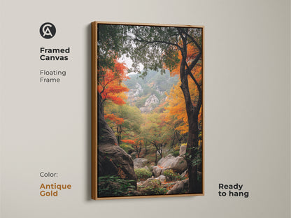 Antique gold framed canvas art of an autumn forest. The floating frame complements the vibrant colors. This ready-to-hang piece brings natural beauty to your walls. Landscape art featuring colorful trees and rocky terrain. Perfect for adding warmth to your space.