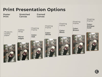 Explore print presentation options for Venice gondola artwork. Choose from poster print stretched canvas or framed canvas in various colors. Find museum-quality paper gallery wrap and floating frames to enhance your Italian cityscape wall art.