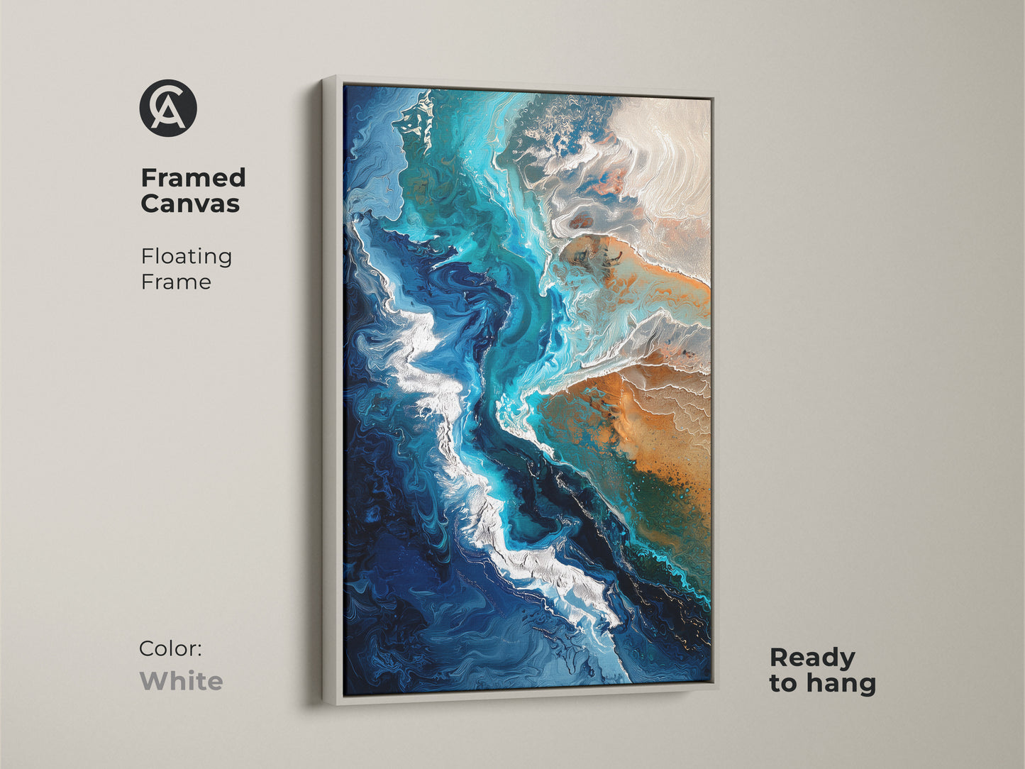 Framed canvas in white showcasing modern coastal abstract artwork. This floating frame enhances the teal blue and sandy beige fluid art. It's a beautiful beach house decor.