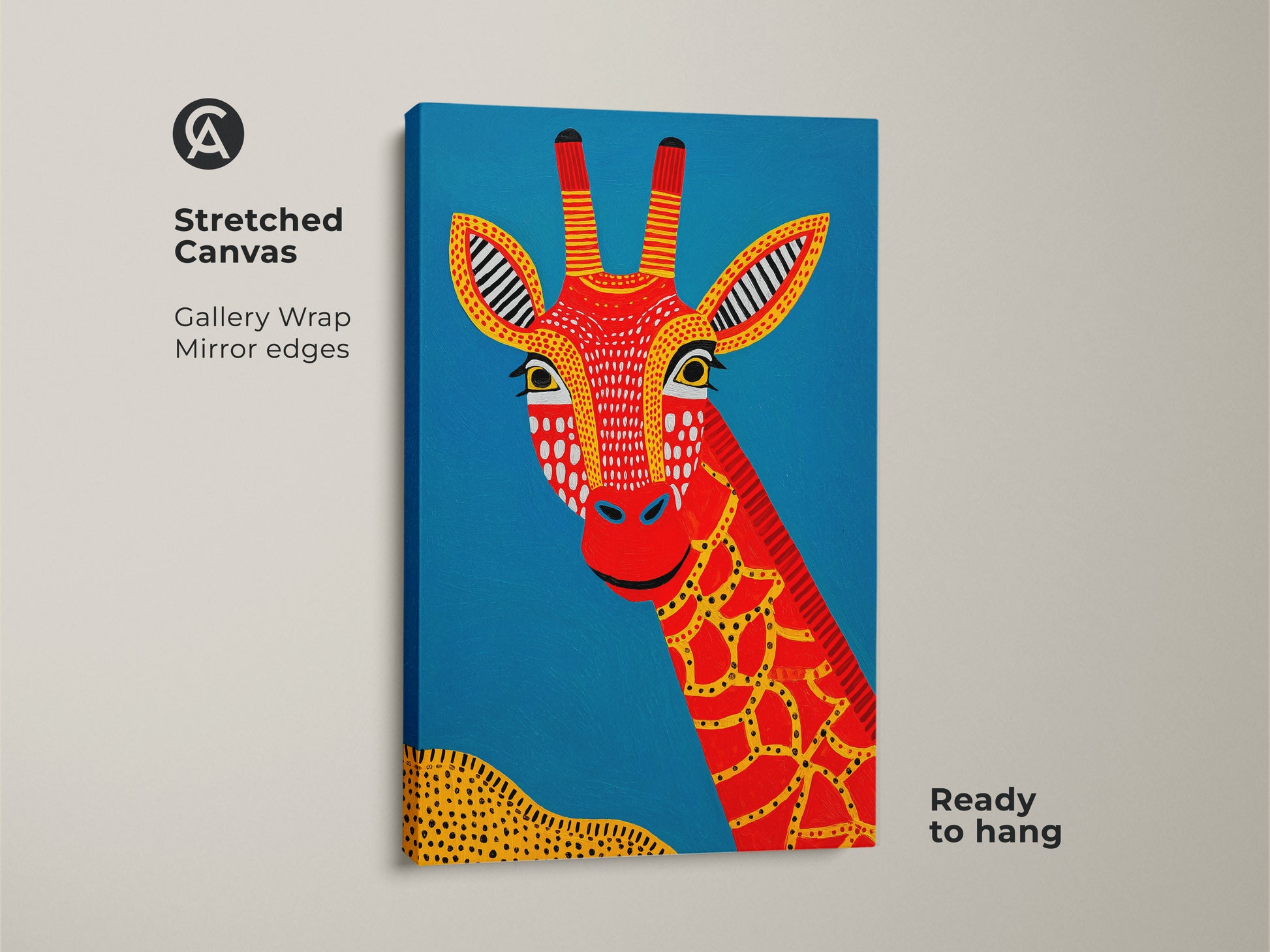 Close-up of the Stretched Canvas Tribal Giraffe Art. Showcasing gallery wrapped edges and a ready-to-hang feature. This folk art giraffe print captures a unique Boho tribal style. Red yellow and blue hues bring an African safari vibe to your walls. Ideal for animal lovers seeking distinctive wall decor.