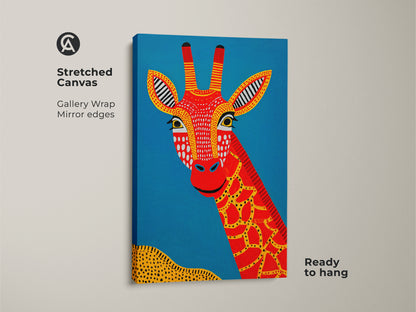 Close-up of the Stretched Canvas Tribal Giraffe Art. Showcasing gallery wrapped edges and a ready-to-hang feature. This folk art giraffe print captures a unique Boho tribal style. Red yellow and blue hues bring an African safari vibe to your walls. Ideal for animal lovers seeking distinctive wall decor.