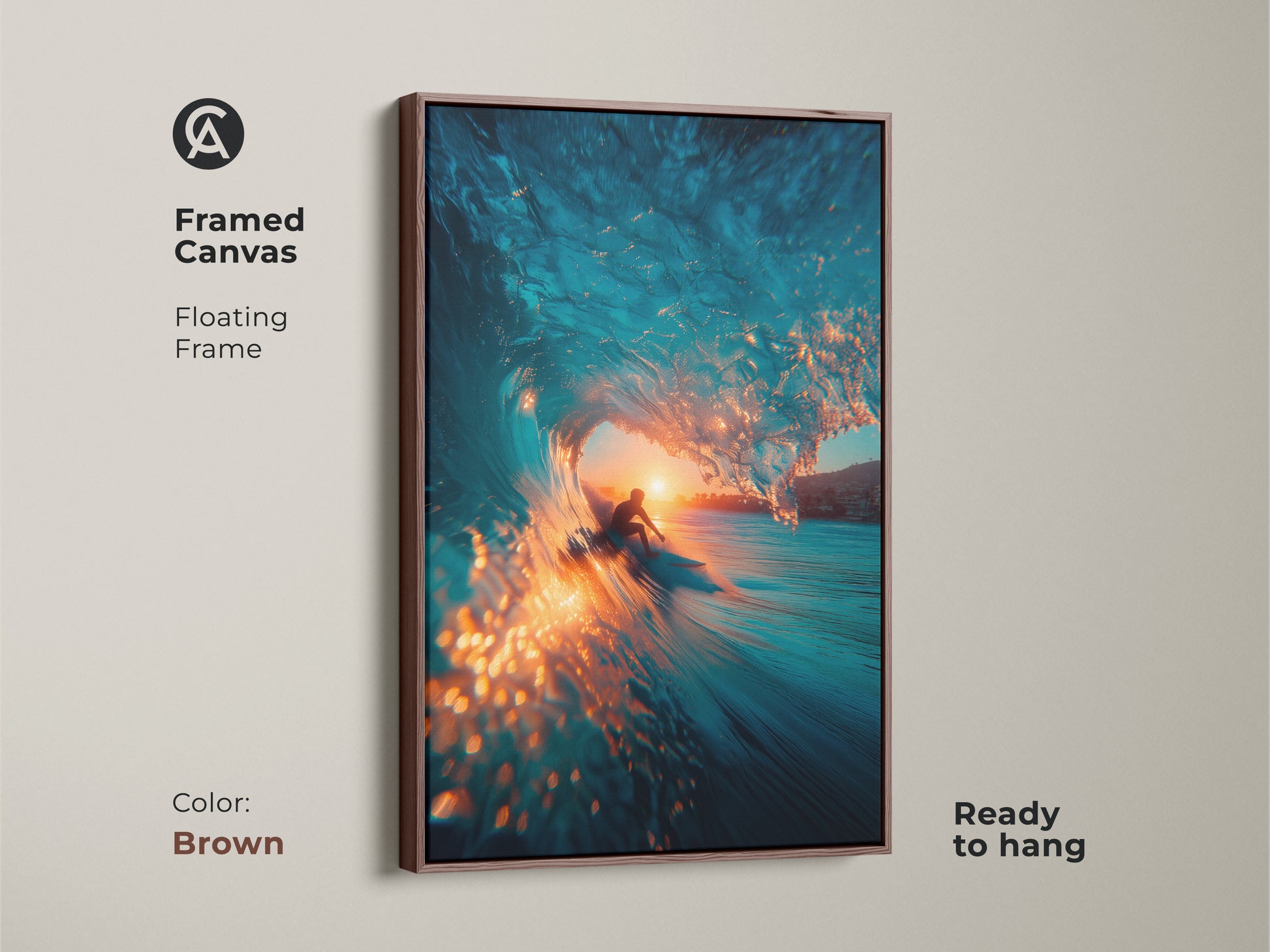 Experience the beauty of surfing with this framed canvas art. A surfer is riding inside a vibrant blue wave at sunset. The floating frame is brown. This ready-to-hang piece adds a touch of coastal charm to your home art.