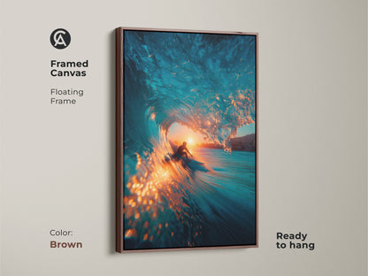 Experience the beauty of surfing with this framed canvas art. A surfer is riding inside a vibrant blue wave at sunset. The floating frame is brown. This ready-to-hang piece adds a touch of coastal charm to your home art.