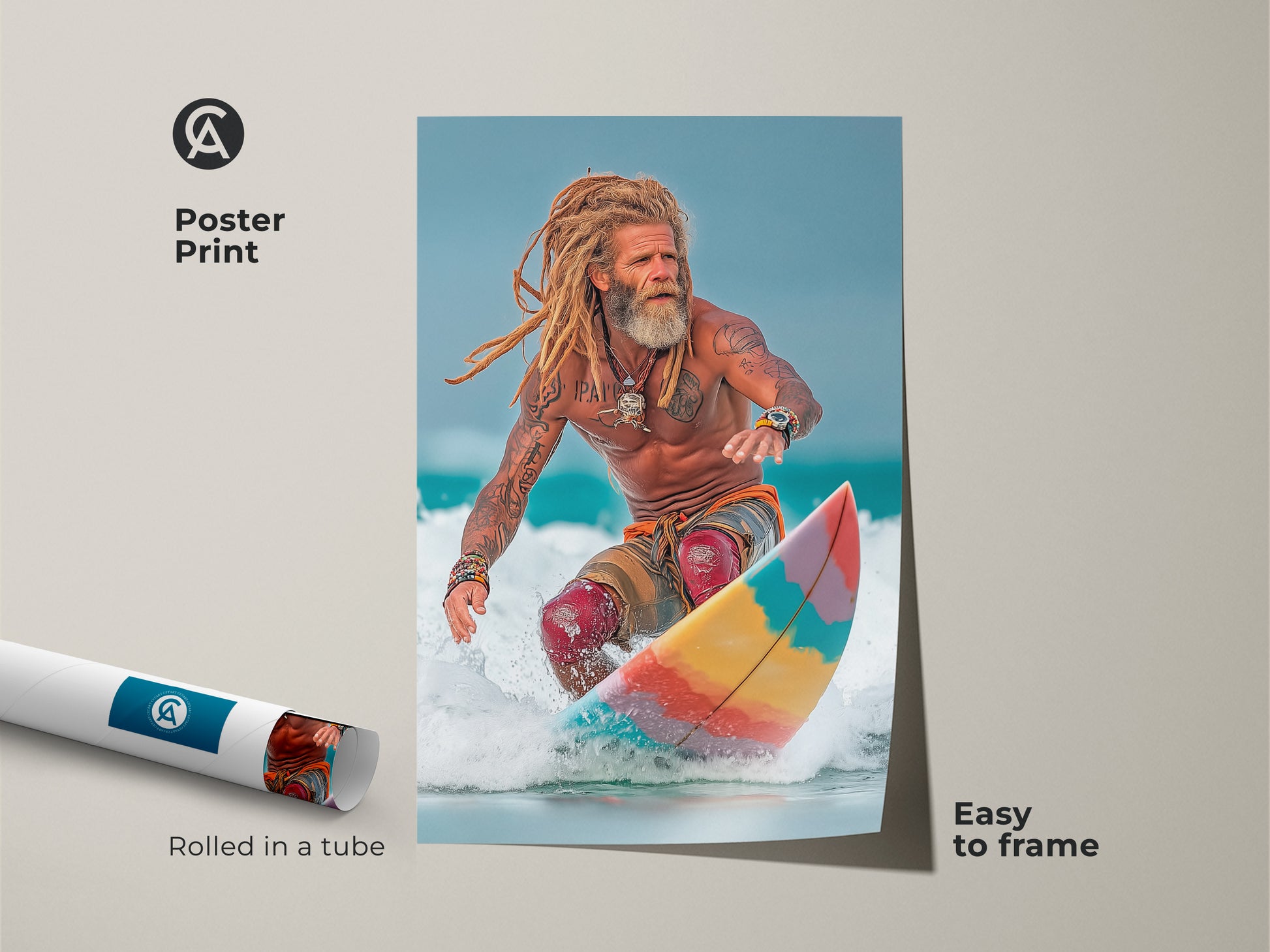 A Poster Print features Coastal Surfer Canvas. Ocean lifestyle photography captures action sports art. Golden blonde and sky blue colors creates summer vibes. The artwork is easy to frame wall art for family room decor or a gift for beach lovers surfing enthusiast.