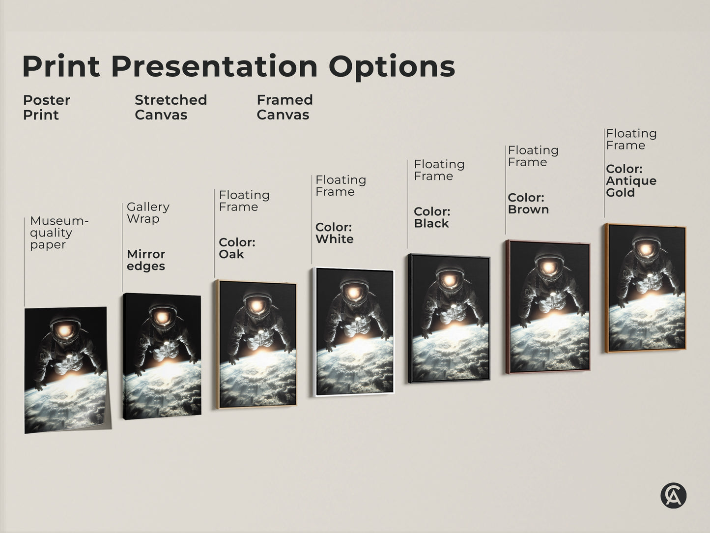 Explore print presentation options for astronaut artwork. Choose from poster prints stretched canvas and framed canvas. Various floating frame colors available including black brown white oak and antique gold. Find the perfect style to showcase this space exploration art. Elevate your decor with this cinematic piece.