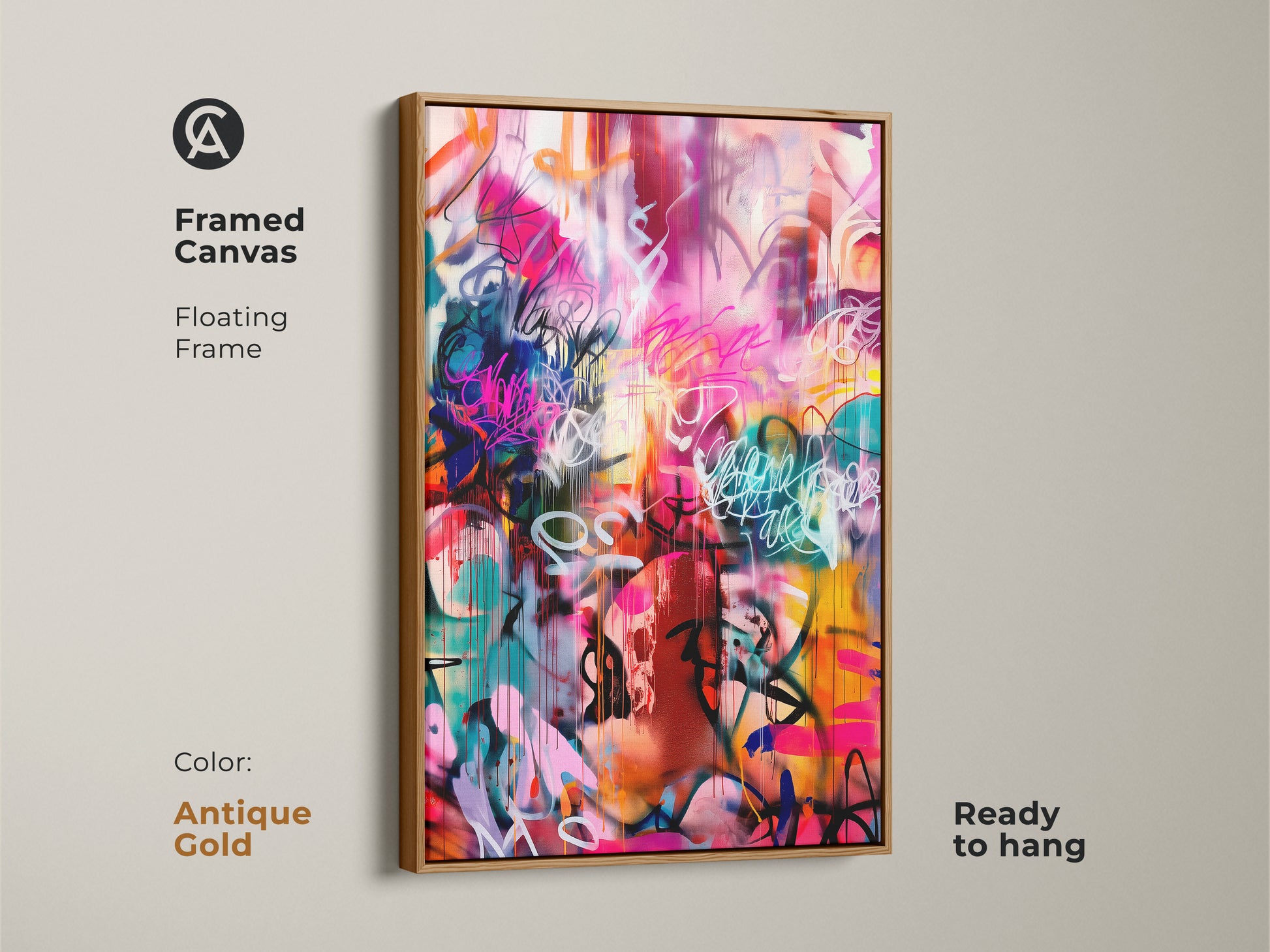 Framed Canvas Graffiti Style Artwork. This modern art piece features bright pinks blues & oranges. The artwork has a bold abstract style with an antique gold floating frame. This canvas art is ready to hang and adds a pop of color to any room.