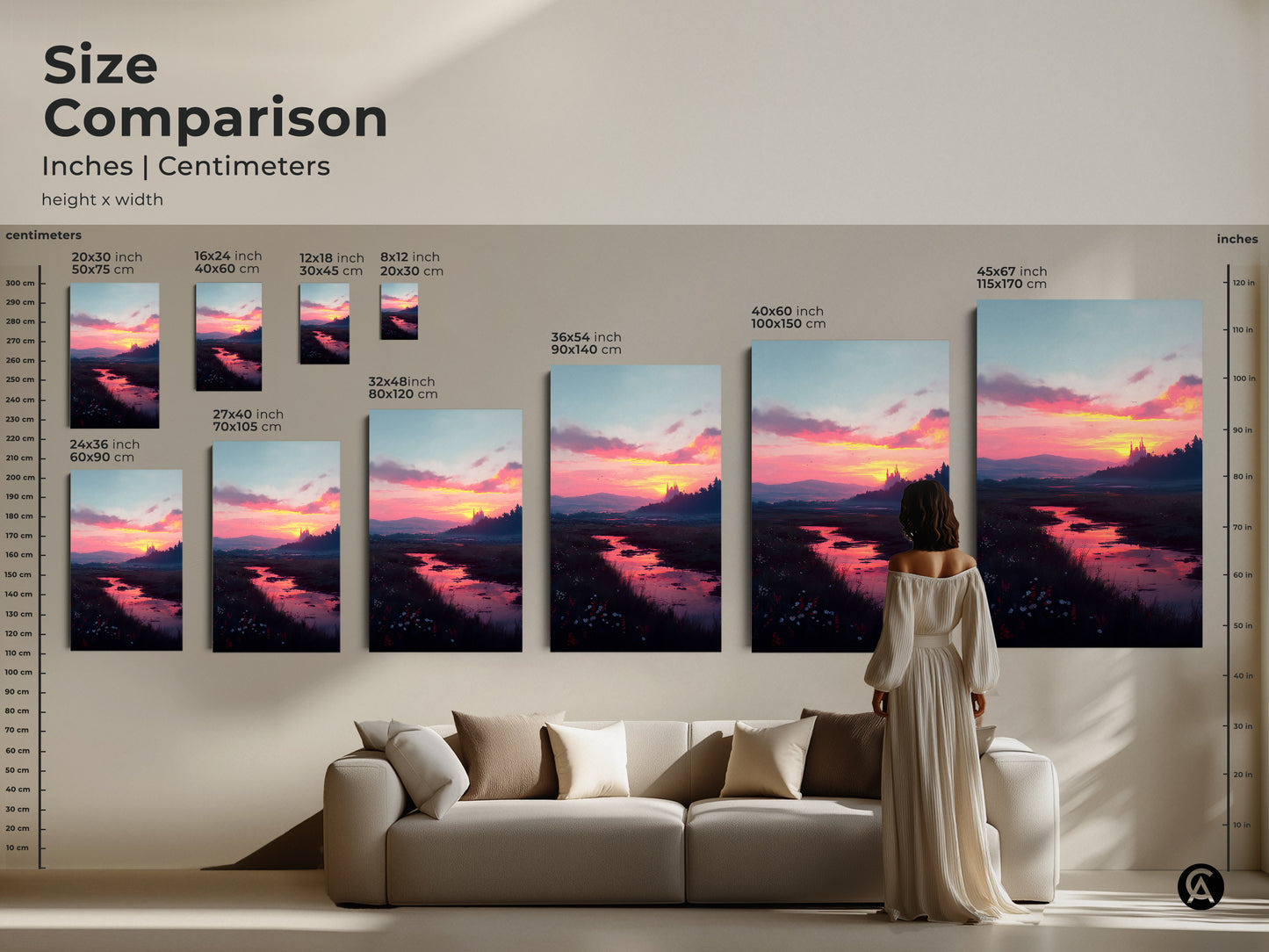 Size comparison of sunset river landscape art in inches and centimeters. See how different sizes fit above a sofa. This artwork features a beautiful river landscape with a castle silhouetted against a vibrant sunset sky.