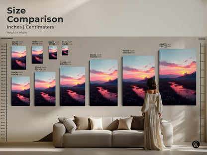 Size comparison of sunset river landscape art in inches and centimeters. See how different sizes fit above a sofa. This artwork features a beautiful river landscape with a castle silhouetted against a vibrant sunset sky.