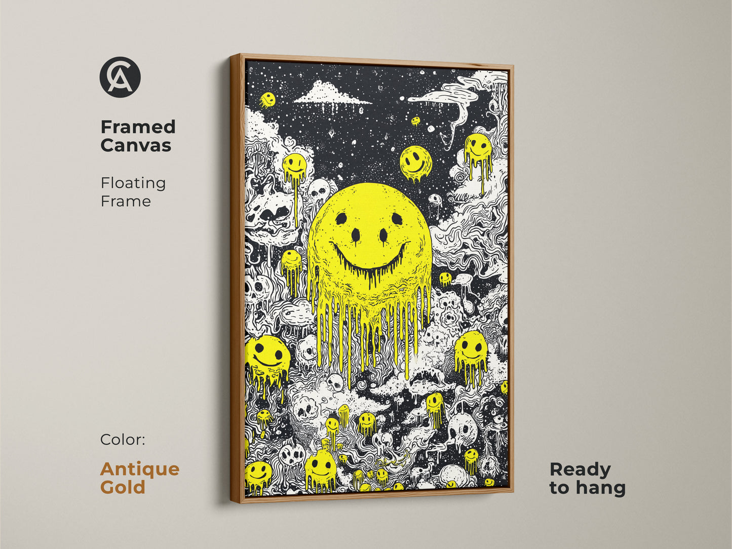 Framed canvas with a floating frame featuring a melting yellow smiley face and skulls. The frame is antique gold. This ready-to-hang artwork adds a vintage touch to any room. The black and white art with a yellow smiley face creates a striking visual. Great for collectors.