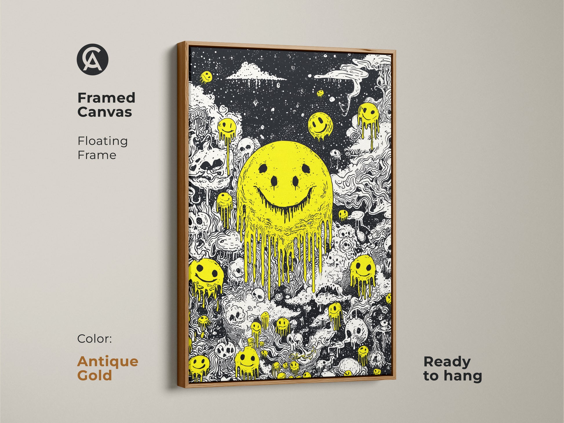 Framed canvas with a floating frame featuring a melting yellow smiley face and skulls. The frame is antique gold. This ready-to-hang artwork adds a vintage touch to any room. The black and white art with a yellow smiley face creates a striking visual. Great for collectors.