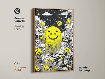 Framed canvas with a floating frame featuring a melting yellow smiley face and skulls. The frame is antique gold. This ready-to-hang artwork adds a vintage touch to any room. The black and white art with a yellow smiley face creates a striking visual. Great for collectors.