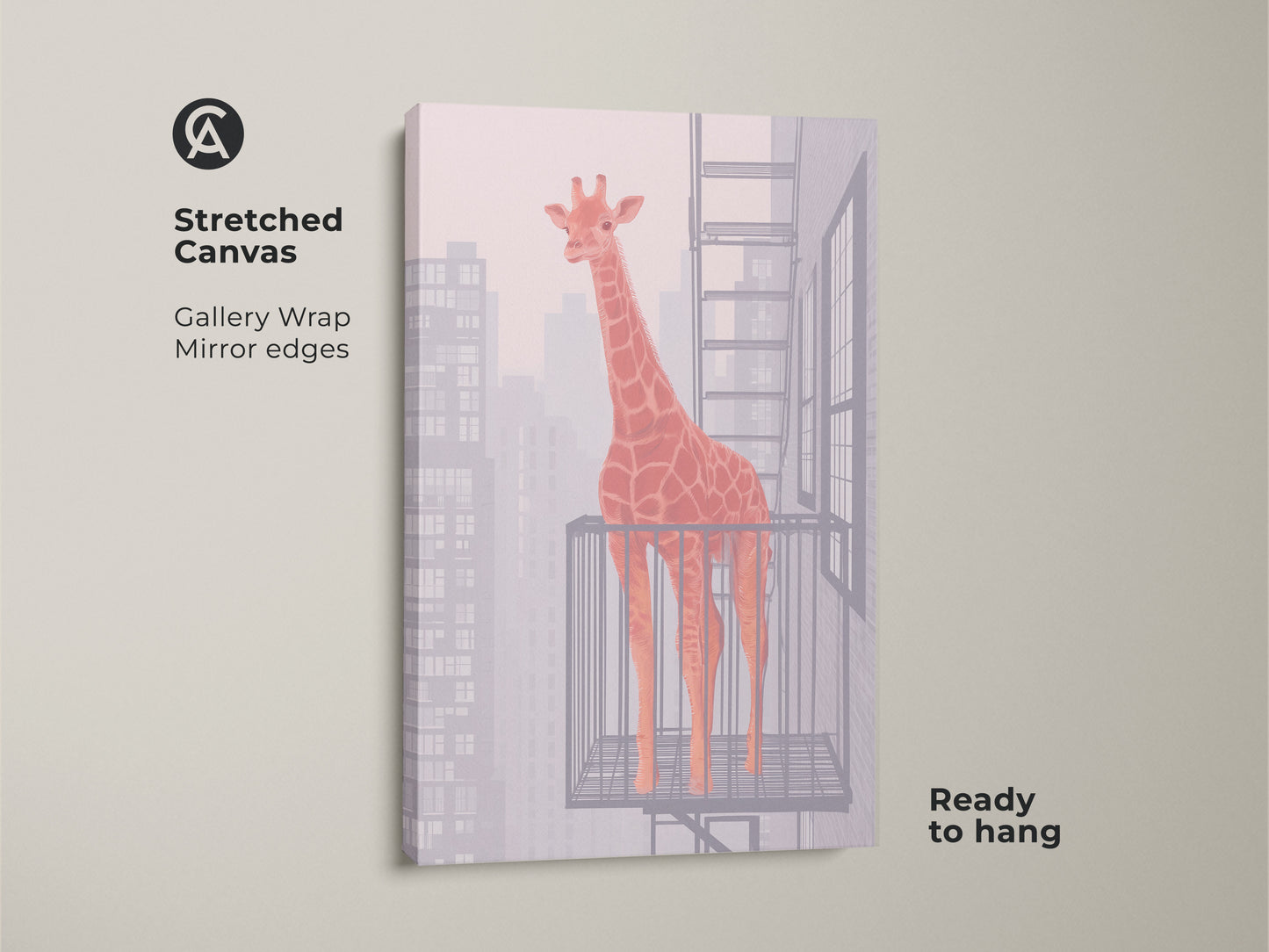 Stretched canvas art featuring an orange giraffe on a fire escape. Gallery wrapped with mirrored edges. This contemporary animal print is ready to hang and enjoy as wall decor.