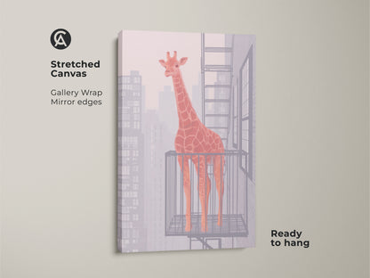 Stretched canvas art featuring an orange giraffe on a fire escape. Gallery wrapped with mirrored edges. This contemporary animal print is ready to hang and enjoy as wall decor.