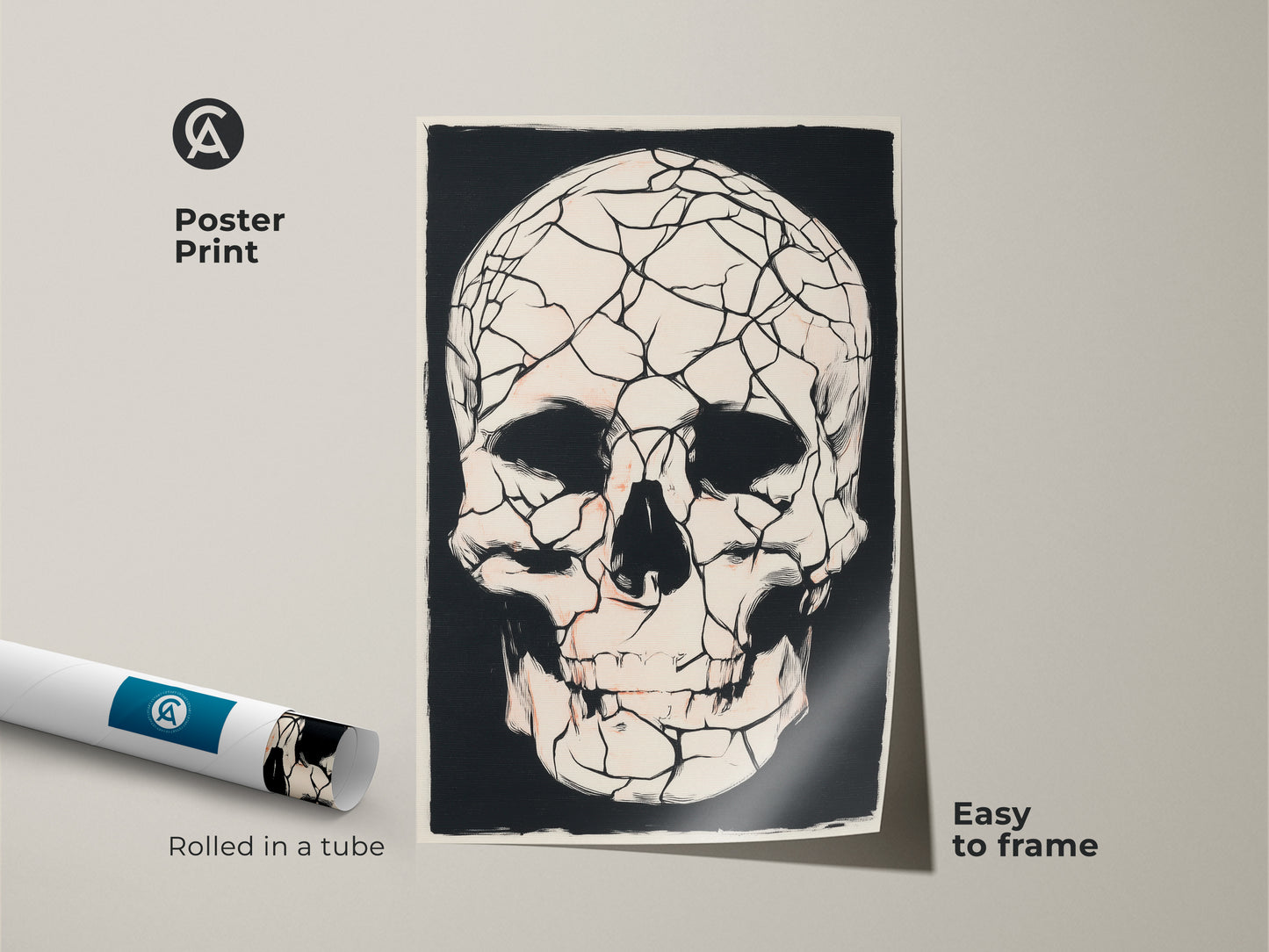Gothic cracked skull artwork print rolled in a tube ready to be framed. Macabre skull poster adds a dark touch. Ideal Halloween spooky wall art for alternative home decor. Black and white skull art fits eclectic gothic aesthetic perfectly. Order now.