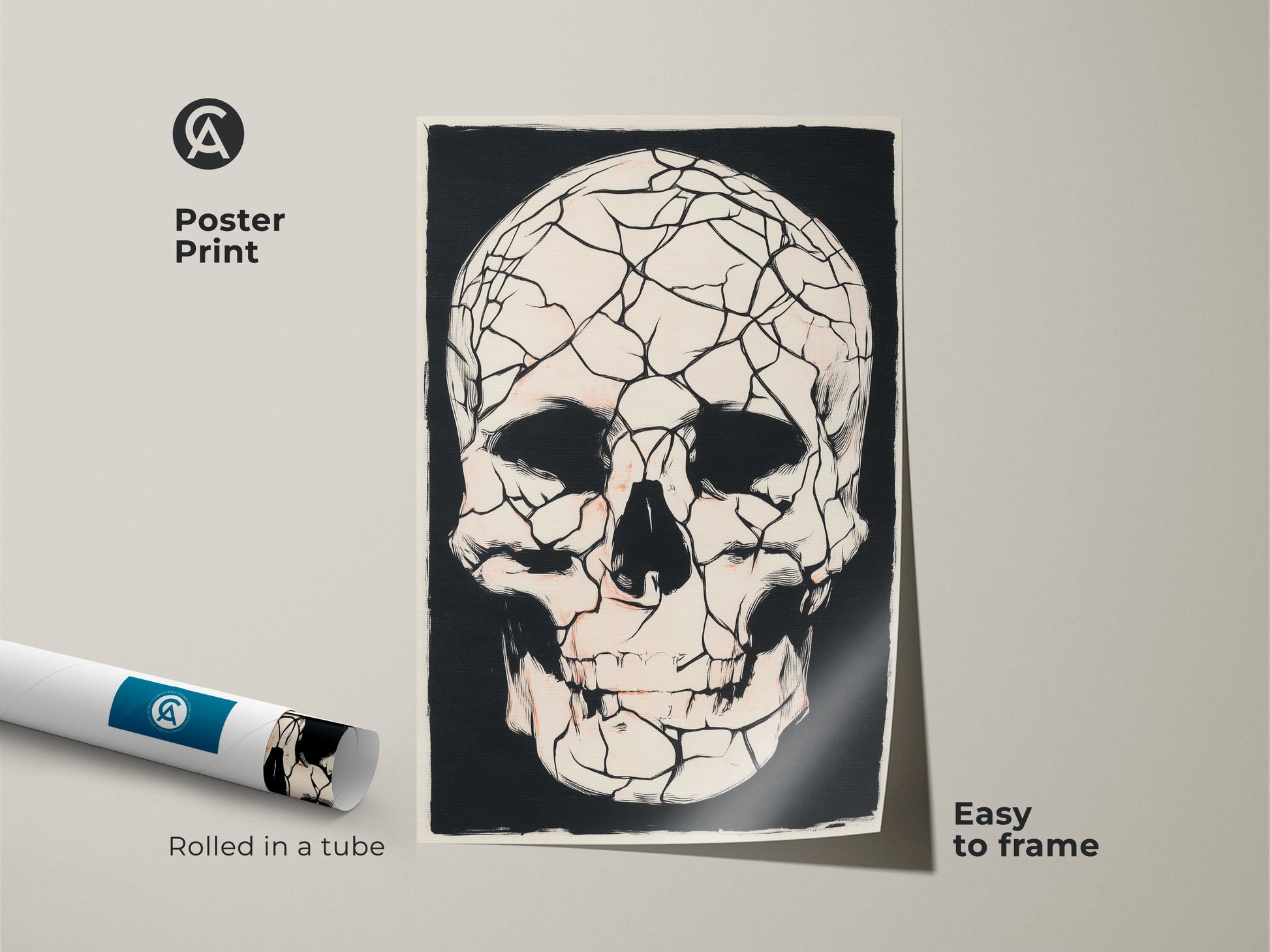 Gothic cracked skull artwork print rolled in a tube ready to be framed. Macabre skull poster adds a dark touch. Ideal Halloween spooky wall art for alternative home decor. Black and white skull art fits eclectic gothic aesthetic perfectly. Order now.