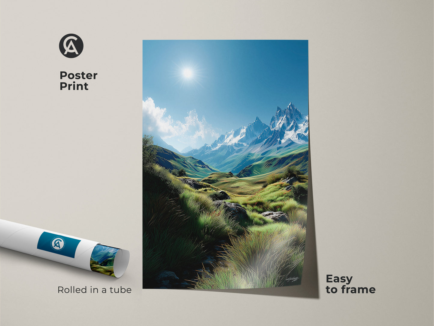 Museum-quality poster print of a breathtaking mountain vista. Rolled in a tube for easy framing. This art piece captures the serene beauty of nature. Perfect for adding a touch of elegance to any room. Frame this art to create a focal point.