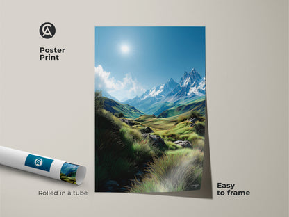 Museum-quality poster print of a breathtaking mountain vista. Rolled in a tube for easy framing. This art piece captures the serene beauty of nature. Perfect for adding a touch of elegance to any room. Frame this art to create a focal point.