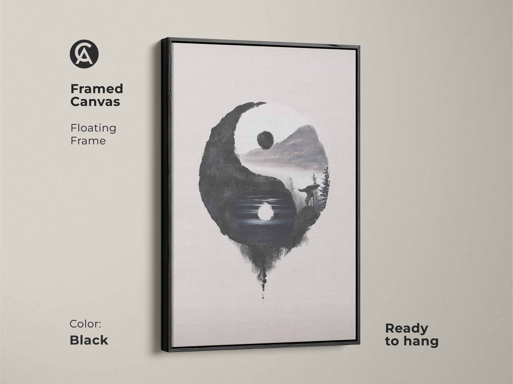 Framed Canvas in black displays Yin Yang Wolf art. The floating frame is ready to hang. Minimalist ink wash print adds balance. Black white nature art brings a spiritual element. Perfect for meditation room decor.