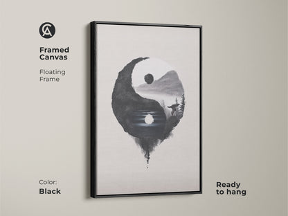 Framed Canvas in black displays Yin Yang Wolf art. The floating frame is ready to hang. Minimalist ink wash print adds balance. Black white nature art brings a spiritual element. Perfect for meditation room decor.