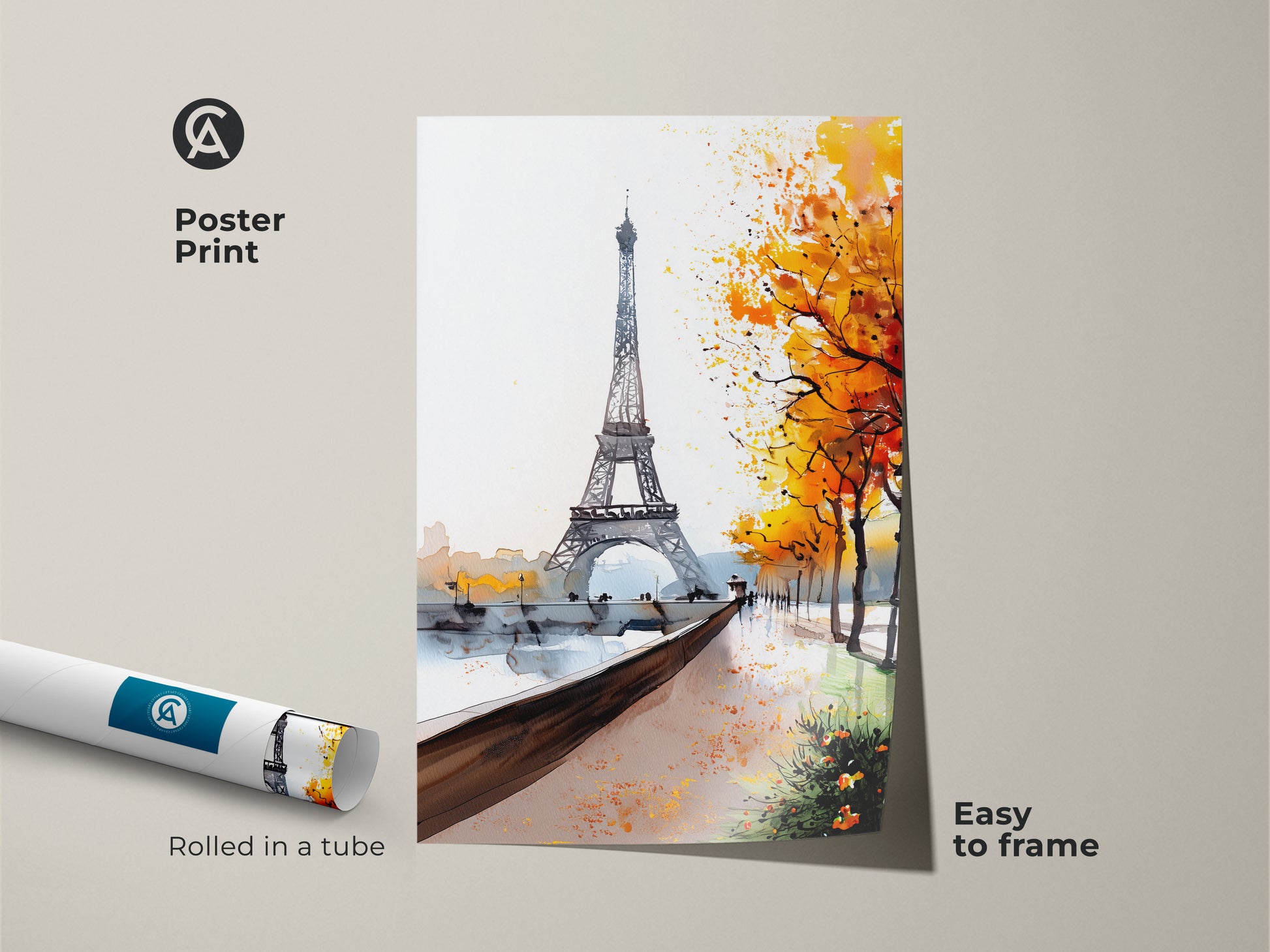 Poster Print of the Paris Eiffel Tower art. Rolled in a tube it's easy to frame. Features a watercolor landscape wall art with autumn trees. Great French cityscape artwork and impressionistic Paris decor for your home.