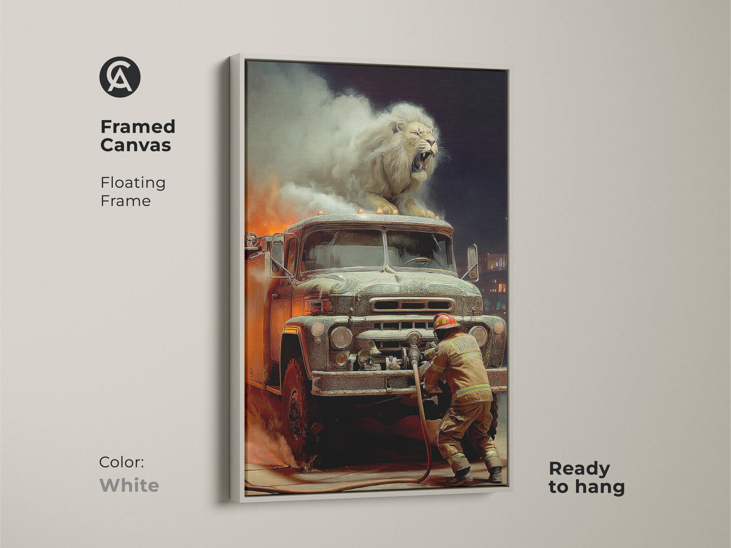 Framed canvas art print featuring a surreal lion atop an old fire truck. This artwork has a floating white frame. The art piece showcases a firefighter in action. Ready to hang. It adds an eclectic touch to any space. Perfect as a gift for lion lovers.