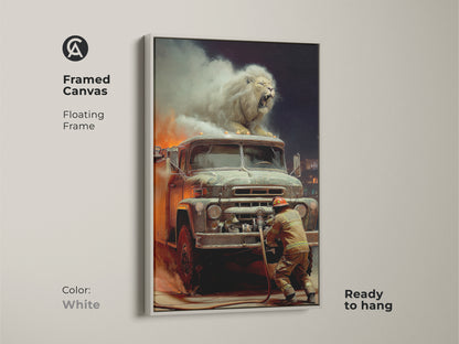 Framed canvas art print featuring a surreal lion atop an old fire truck. This artwork has a floating white frame. The art piece showcases a firefighter in action. Ready to hang. It adds an eclectic touch to any space. Perfect as a gift for lion lovers.